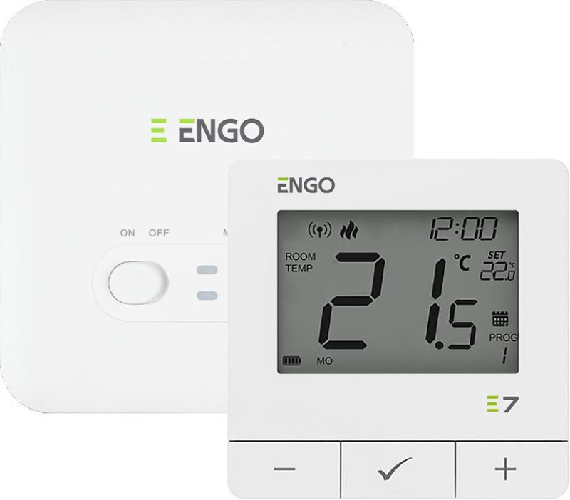 ENGO Controls E7-RFW - Programowany, bezdrôtový regulátor teploty, biely