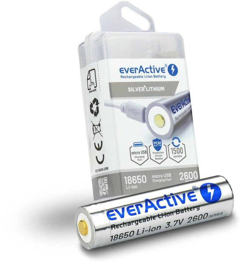 Akumulátor 18650 Li-Ion 3,7V everActive 2600mAh (1 ks) micro-USB s zabezpečením