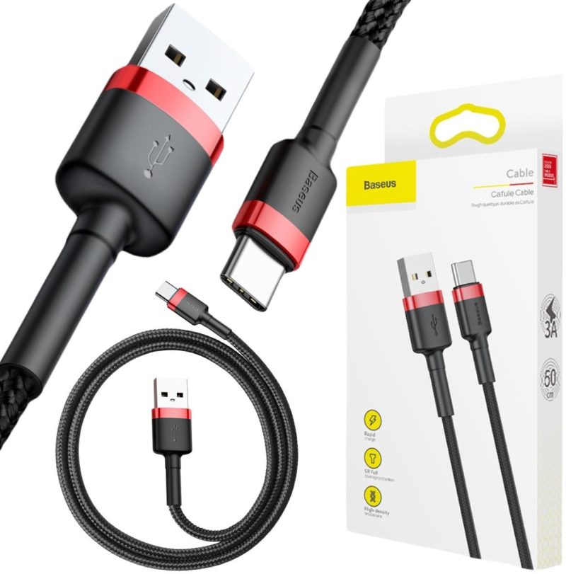 Kábel USB-A / USB-C Baseus Cafule CATKLF-A91 50cm 3A QC 3.0 CZARNO-CZERWONY W Oplocie