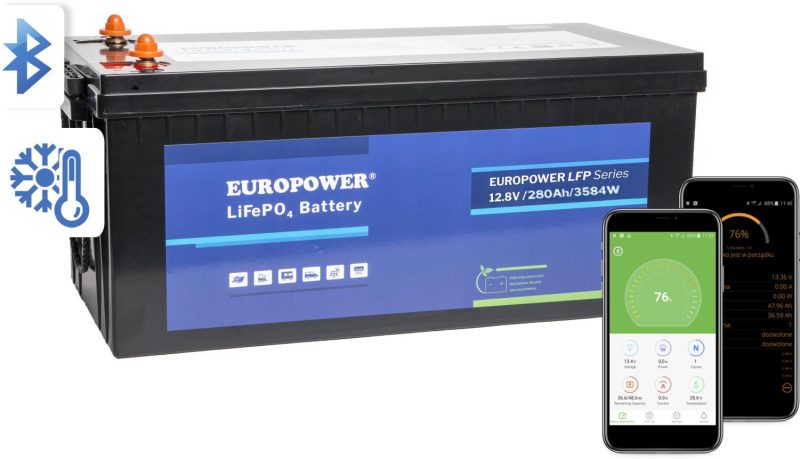 Akumulátor LiFePO4 Europower série LFP 12,8V 280Ah Bluetooth, mata grzewcza (Životnosť ~4000 cyklov)