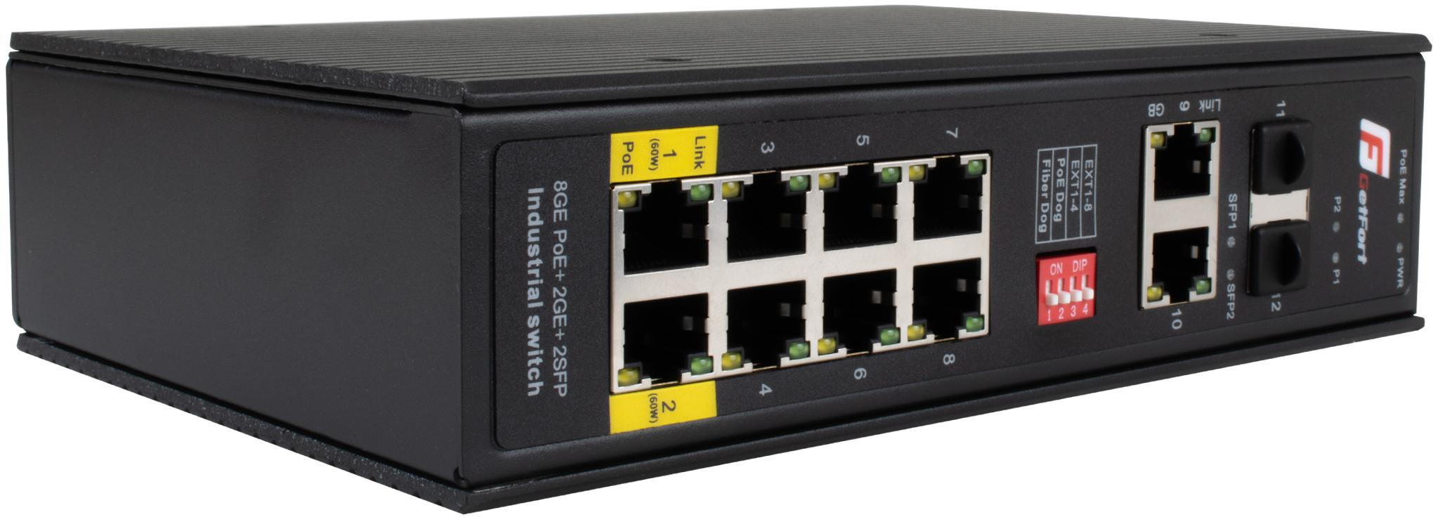 Getfort GF-110-8PG-2G-2S – priemyselný PoE switch 8× GE PoE + 2× GE + 2× SFP (300 W, DIN, −40…+80 °C)
