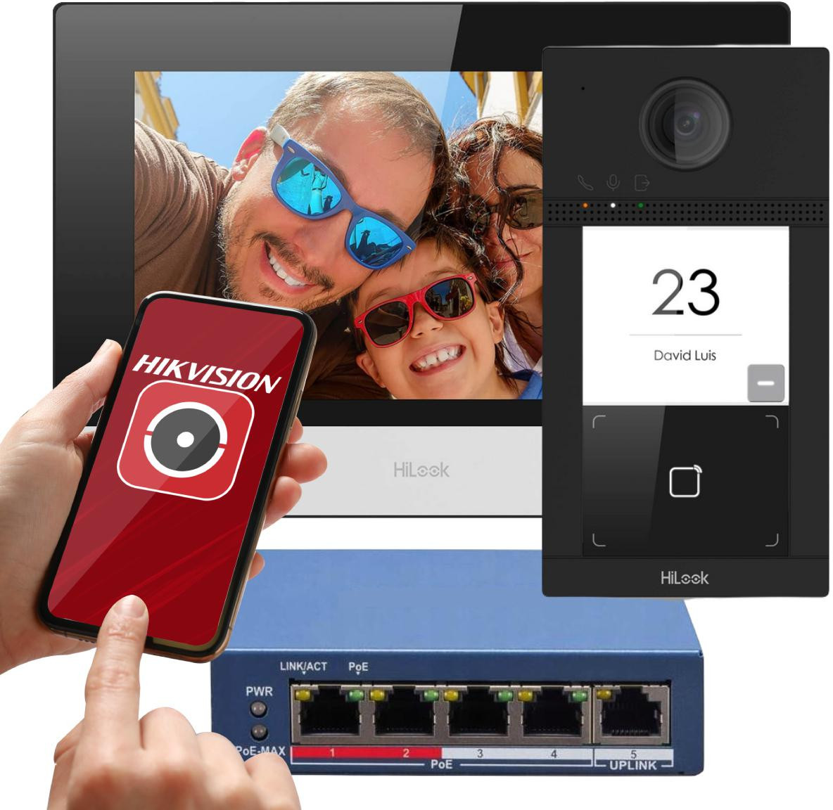 HiLook IP-VIS-Pro – IP video vrátnik: dverná stanica 2 Mpx + čierny 7" monitor + PoE switch 4+1, Wi-Fi, MIFARE
