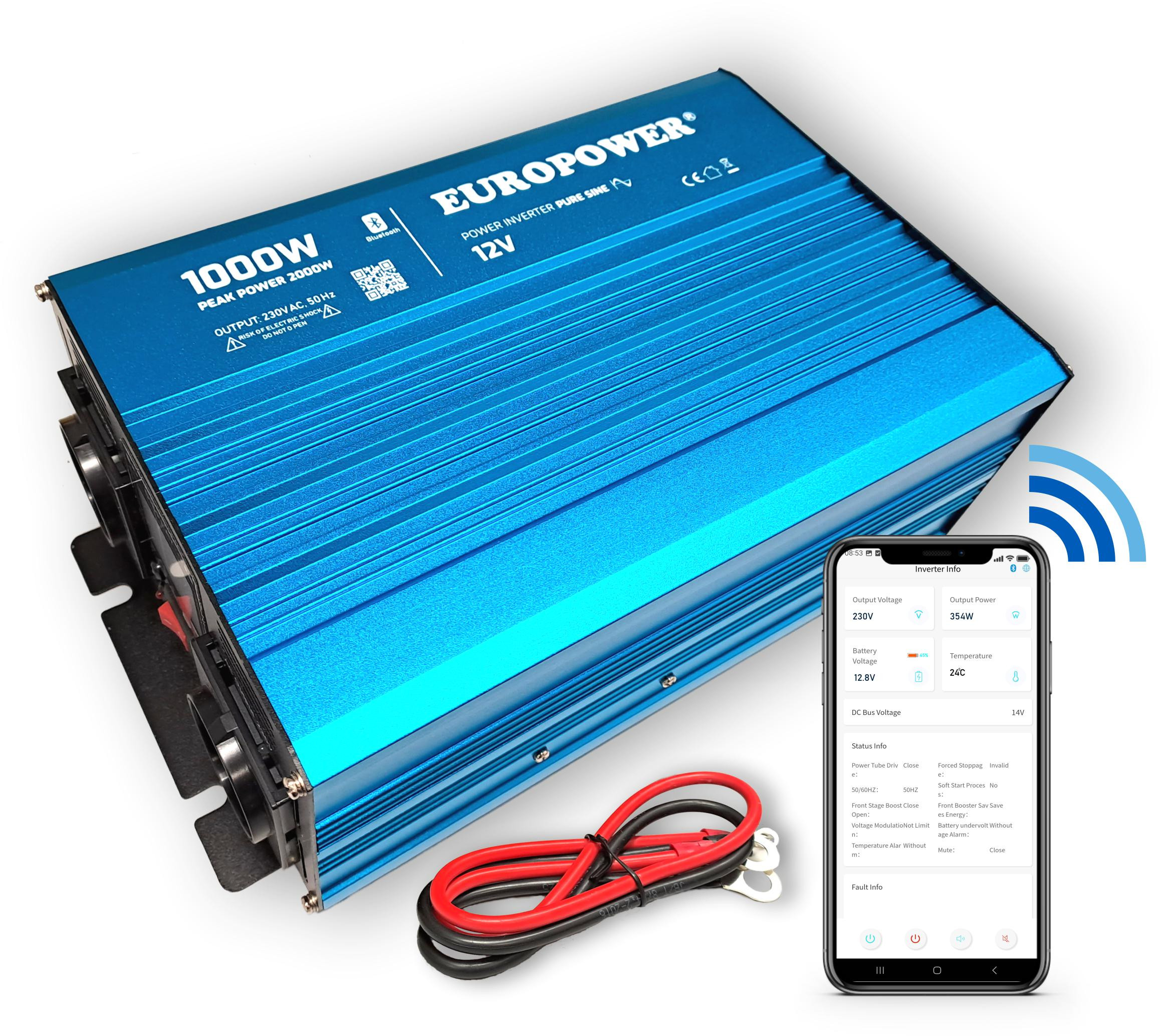 Vysokofrekvenčný sínusový menič napätia  Europower 12V DC / 230V AC 1000W / 2000W BLUETOOTH