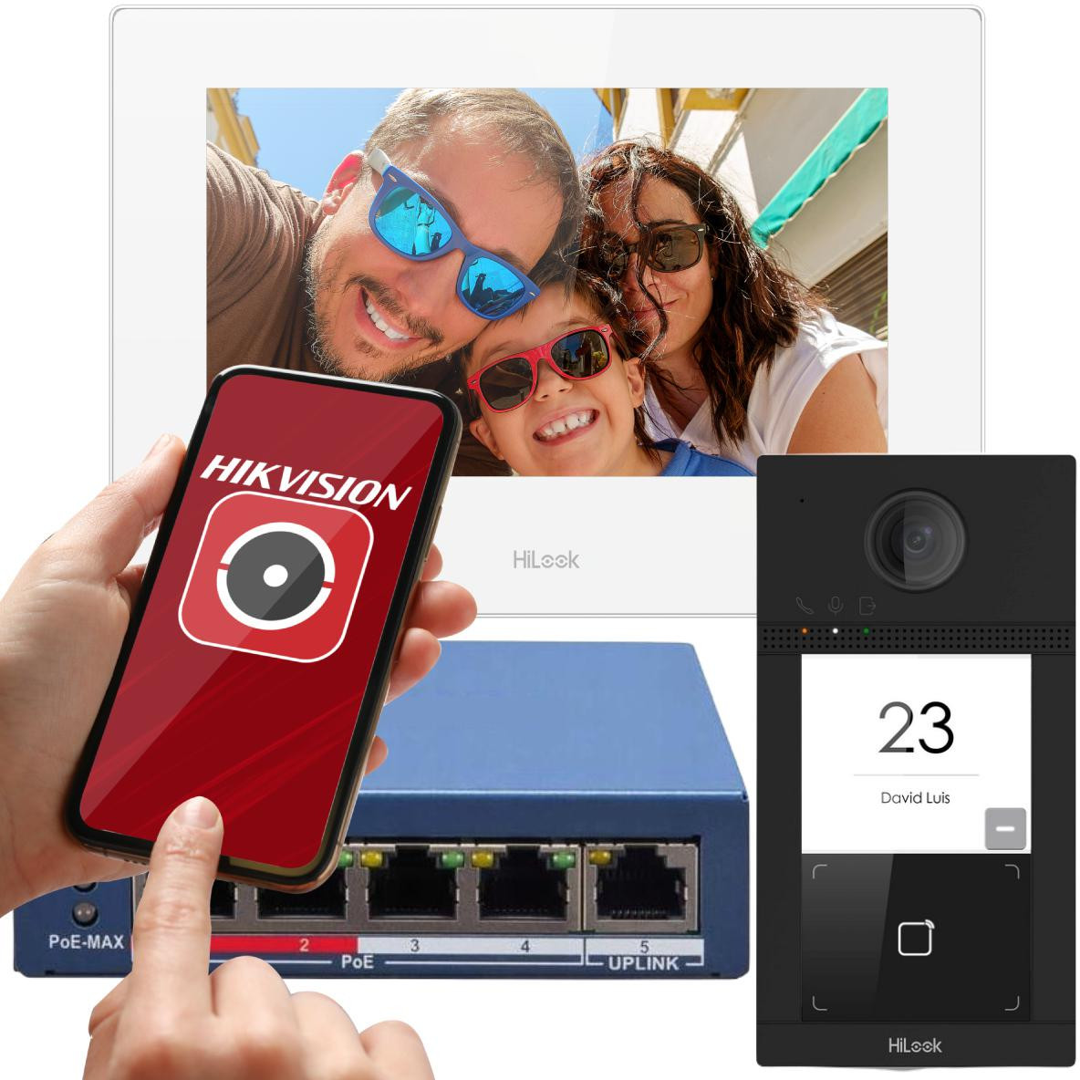 HiLook IP-VIS-Pro-W – IP video vrátnik: dverná stanica 2 Mpx + biely 7" monitor + PoE switch 4+1, Wi-Fi, MIFARE