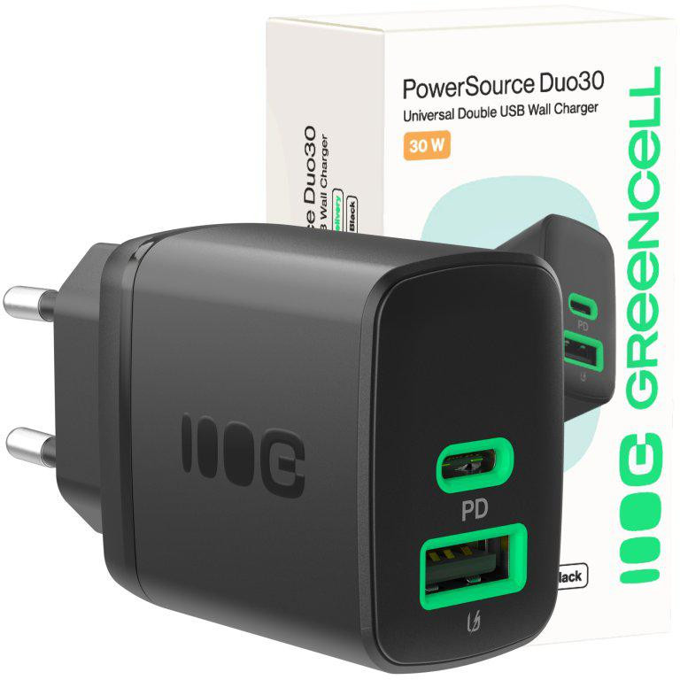 Nabíjačka Greencell PowerSource Duo30 30W AC 1xUSB-C 1xUSB-A PD 3.0 QC 4.0+ čierna