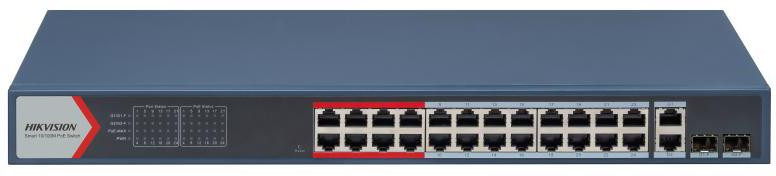 Hikvision DS-3E1326P-EI(B) - 24-portový PoE switch Fast Ethernet so 2 gigabitovými combo portami, PoE rozpočet 370 W