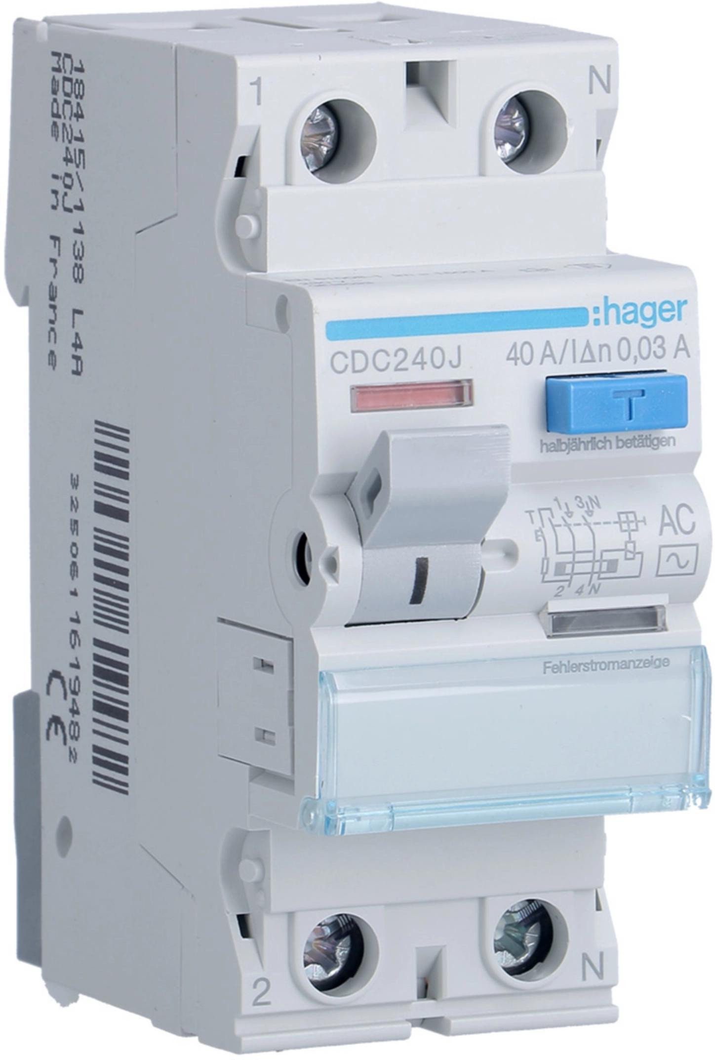 ce5ba87aad18632b9435af5a8f2a4705_original Hager CDC240J - prúdový chránič 1P+N, 40 A, 30 mA, typ AC, 6 kA, 2 moduly – Obrázok 1