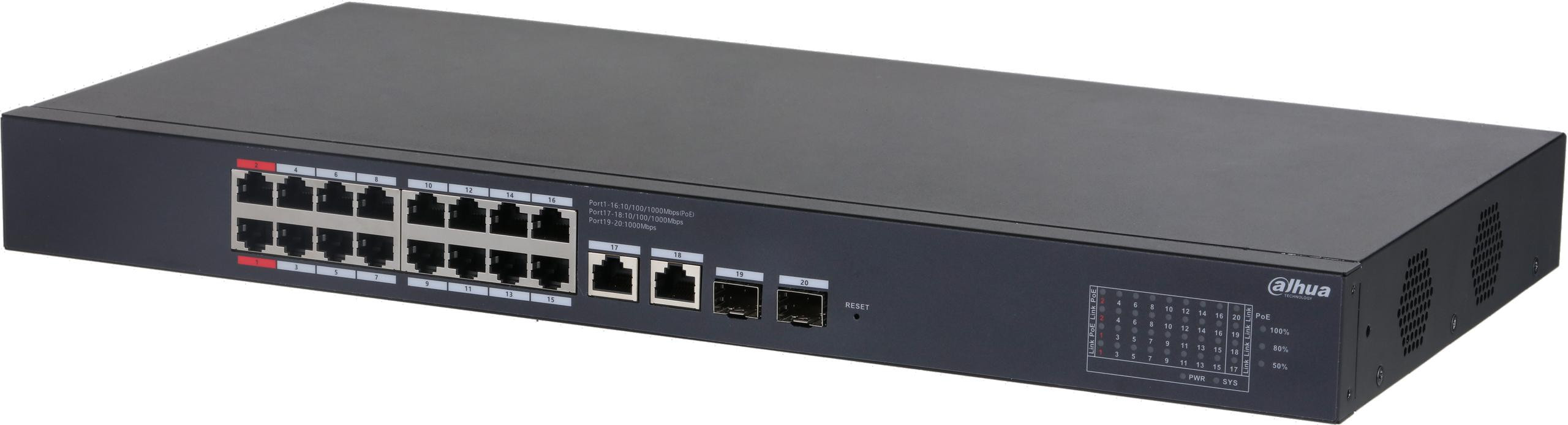 d21af73ab19b2425bdb5e6d90c295bad_original Dahua CS4220-16GT-240 - 20-portový cloudový PoE switch, 16× Gigabit PoE (Hi-PoE), 240 W, 2× RJ45 + 2× SFP uplink – Obrázok 1