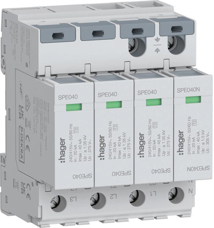 0d6b9176e2eb8cb0f0080b64bb4d149a_original.jpg Zvodič prepätia Hager SPE440 – typ 2, 4P (3+1), In 20 kA, Up ≤ 1,35 kV – Obrázok 1