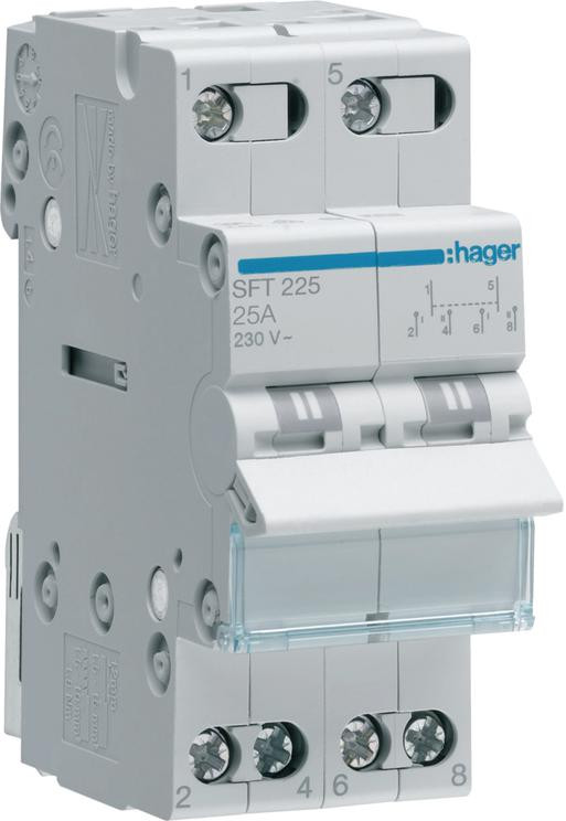 Modulárny prepínač Hager SFT225 – I-0-II, 2-pólový, 25 A