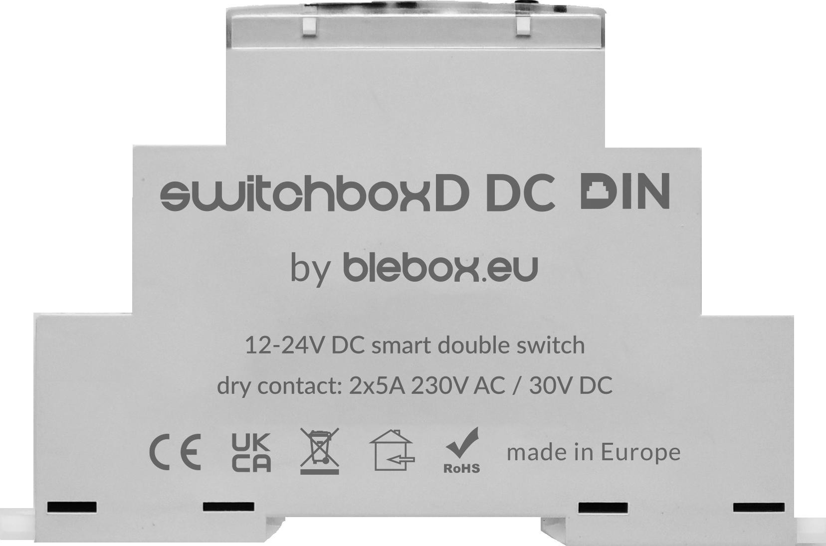 b936846d96e14082a9ab081ebd8fca51_original.jpg Reléový modul Blebox switchboxD DC DIN – 2 kanály, Wi-Fi, meranie spotreby, na DIN lištu – Obrázok 1