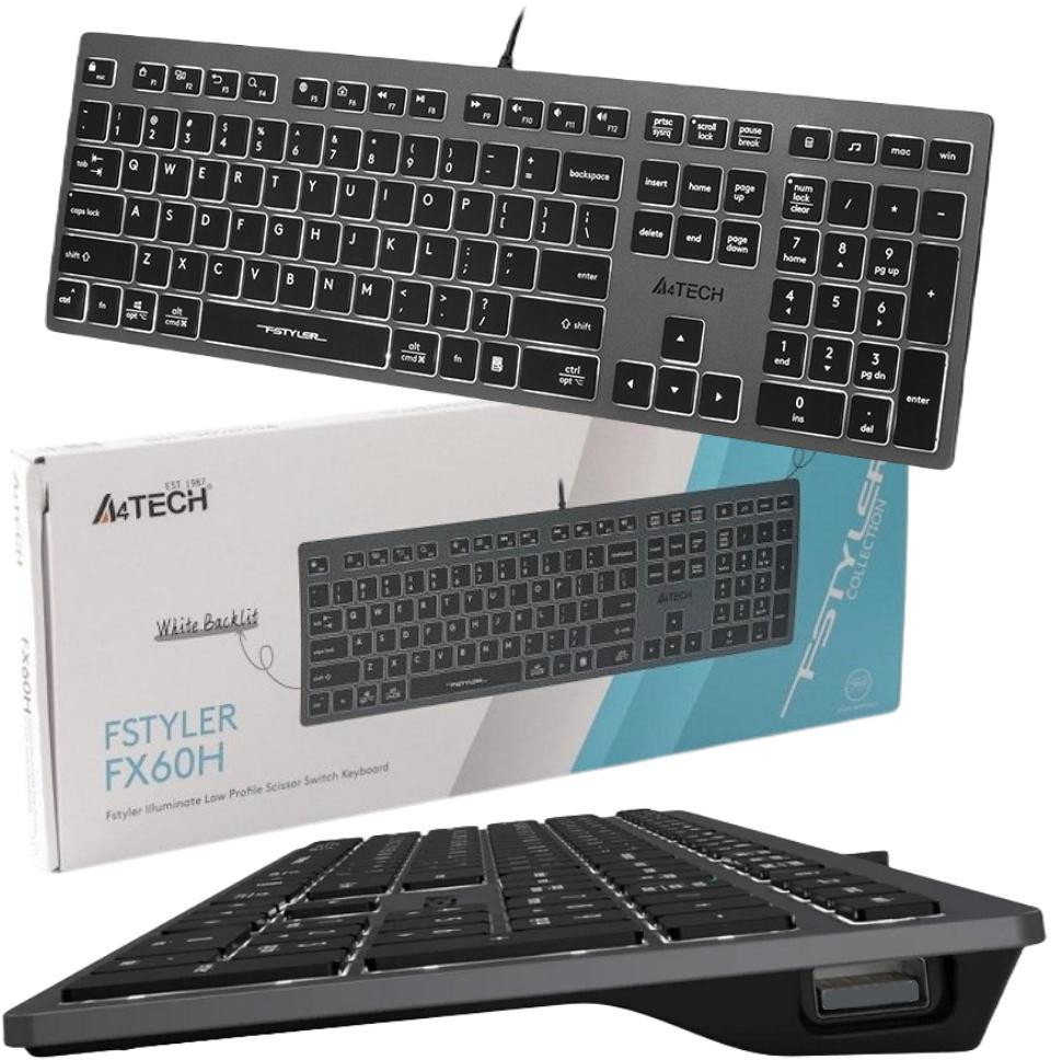 c44f3dfe0f116fadea310ee63a8b8405_original.jpg Klávesnica A4tech FStyler FX60H – USB, biele podsvietenie, nožnicové klávesy, sivá – Obrázok 1
